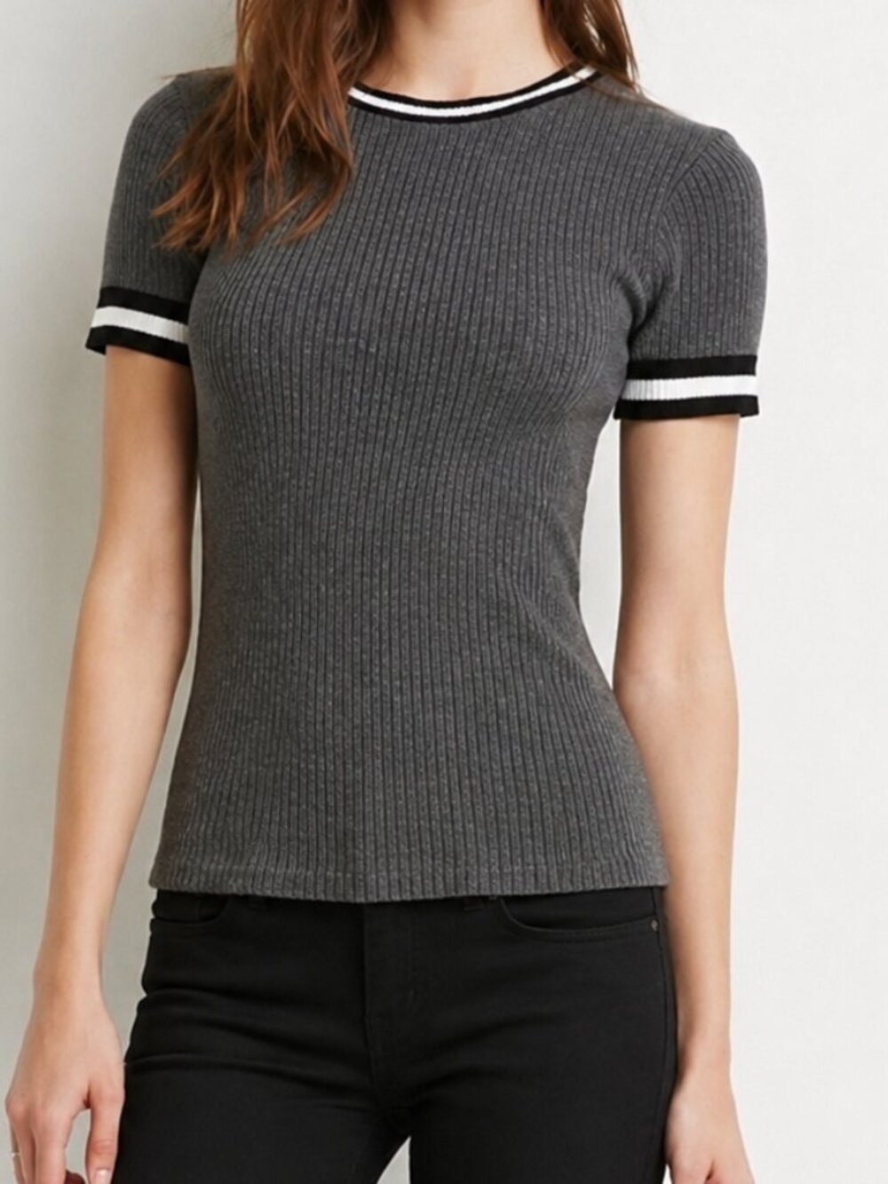 Forever 21 Ribbed Varsity Stripe T-shirt in Grey